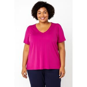NWT Susan Graver Magenta Purple Liquid Knit Puff Sleeve V-Neck Top Size Large